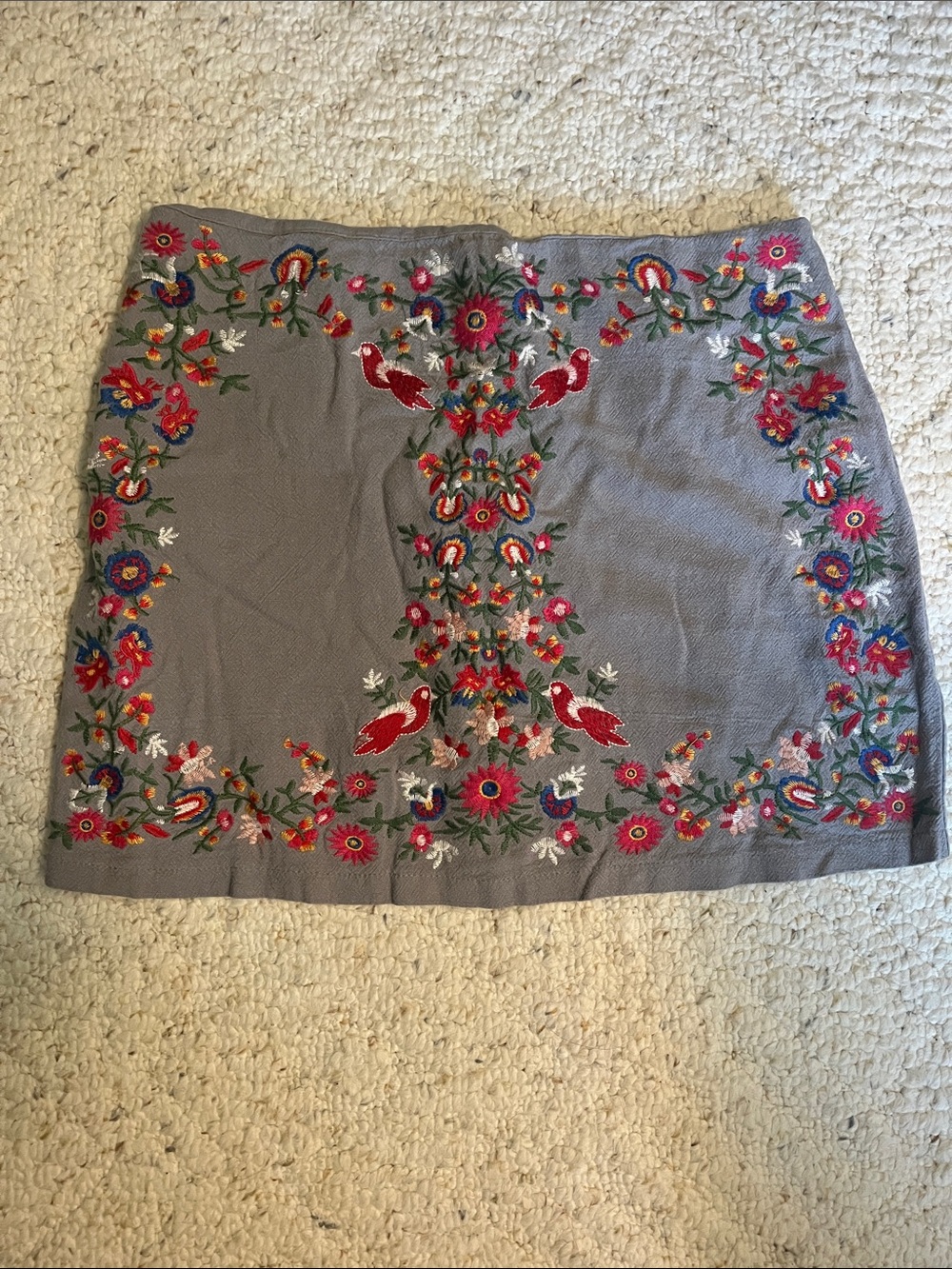 Grey Mini Skirt with Colorful Floral & Bird Embroidery